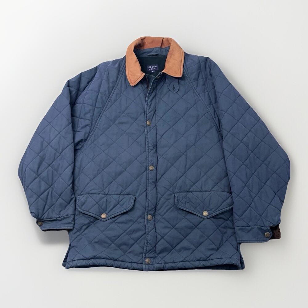VTG Gant The Quilter Jacket Mens M Blue Leather Collar Quilted Insulated Lined